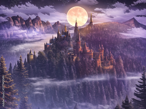 landscape view of a castle with moon and mountains in the forest at night