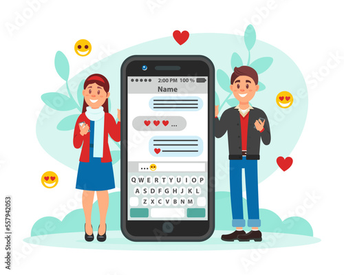 Composition with characters, Male and female characters chatting online using dating mobile application. Young man and woman standing at big smartphone cartoon vecto