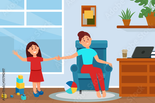 Tired mom sitting on sofa, her daughter wanting to play with her. Active naughty girl with tired mother. Hyperactive kid, family relations cartoon vector