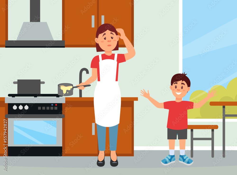 Exhausted tired mom cooking in kitchen, active son seeking her attention. Naughty girl with tired mother. Parental burnout cartoon vecto