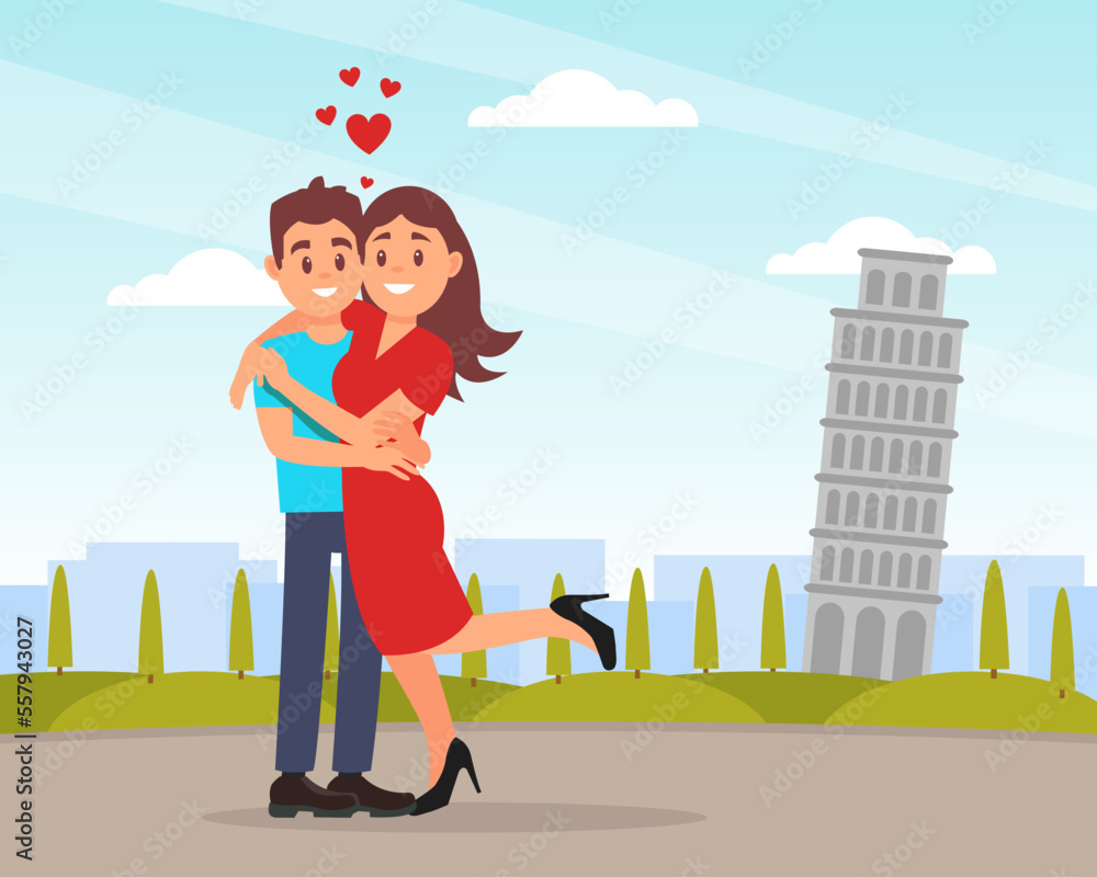 Romantic couple having journey and sightseeing in Pisa. Happy loving couple having in park, red hearts flying over them cartoon vecto Romantic couple having journey and sightseeing in Pisa. Happy loving couple having in park, red hearts flying over them cartoon vecto