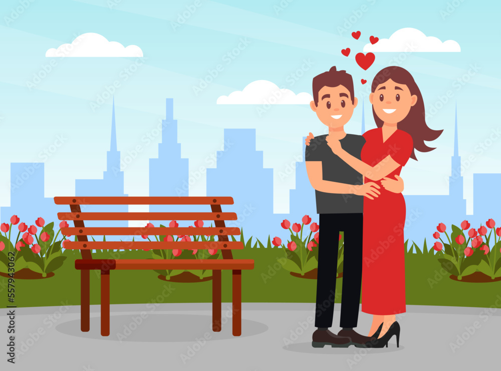 Happy loving couple having date in park. Happy lovers hugging on background of city landscape cartoon vector Happy loving couple having date in park. Happy lovers hugging on background of city landscape cartoon vector