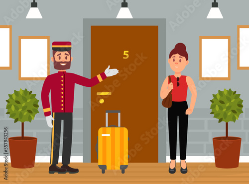 Professional bellboy carrying suitcase of female hotel guest. Hotel porter service worker cartoon vector