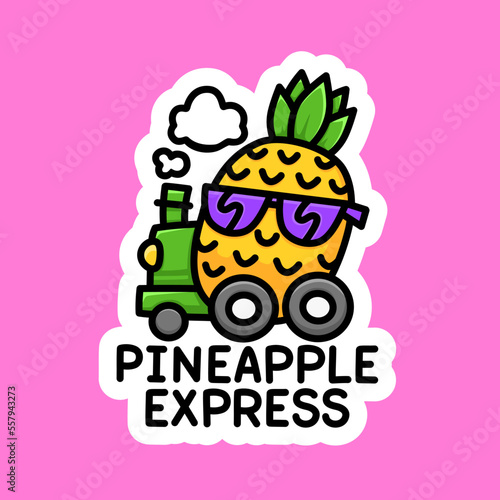 Happy Smiling Pineapple in Sunglasses Cartoon Line Art Style Illustration.