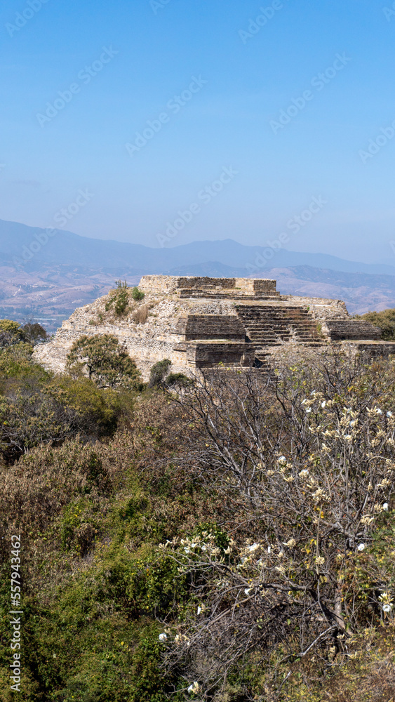 Monte Alban archaeological zone, a large pre-Columbian archaeological site in the state of Oaxaca, Mexico