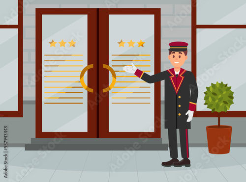Doorman in uniform standing at hotel entrance. Welcome to hotel cartoon vector