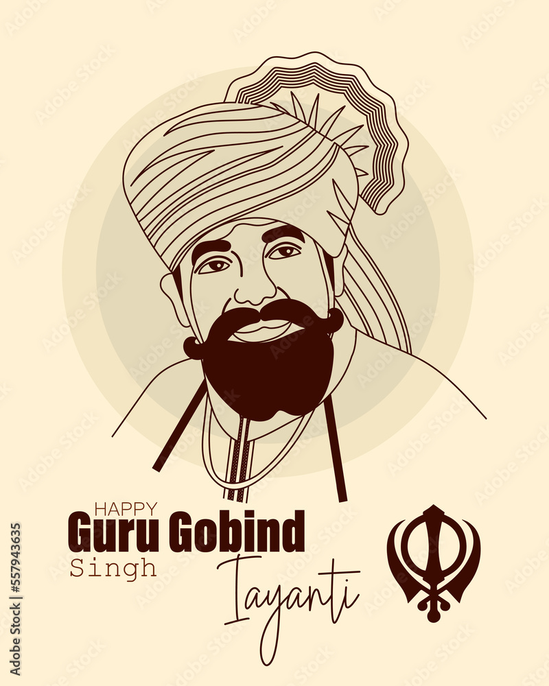 Guru Gobind Singh, last Sikh guru, hero of India. Line art on beige ...