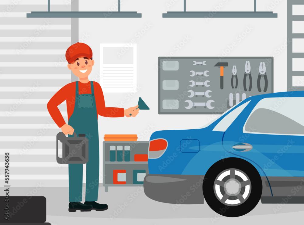 Car service worker changing oil and repairing car in maintenance workshop. Male mechanics in overalls repairing car cartoon vector Car service worker changing oil and repairing car in maintenance workshop. Male mechanics in overalls repairing car cartoon vector