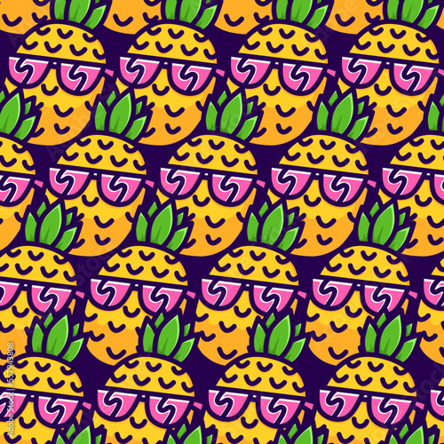 Happy Smiling Pineapple in Sunglasses Cartoon Line Art Style Seamless Vector Pattern Illustration.