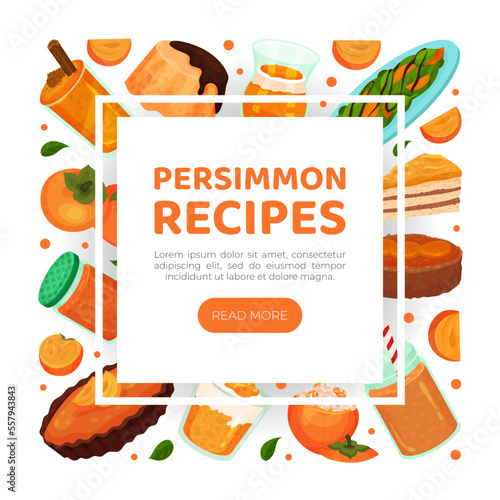 Persimmon recipes web banner template. Tasty vegetarian desserts made of persimmon fruit landing page, wensite interface cartoon vector