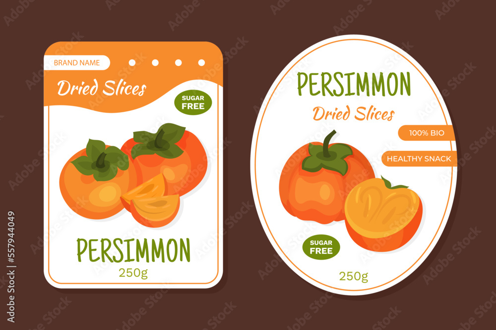 Persimmon fruit dried slices natural organic product labels set. Eco food packaging design layout cartoon vector Persimmon fruit dried slices natural organic product labels set. Eco food packaging design layout cartoon vector
