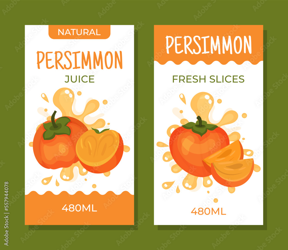 Persimmon juice and fresh slices natural organic product labels set. Eco fresh food packaging design layout cartoon vector Persimmon juice and fresh slices natural organic product labels set. Eco fresh food packaging design layout cartoon vector