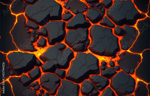 Cracked ground with hot glowing lava veins illustration perfect for video game design. Cracked lava ground texture. Game asset. Generative AI