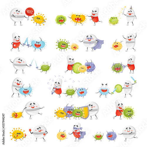Antibiotic pills fighting with bacterias and viruses set. Healthy protection concept cartoon vector