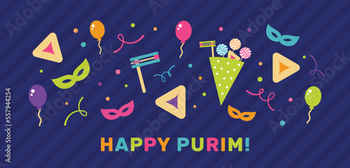 Happy Purim - a Jewish holiday. Colorful background with balloons, masks, and confetti. Vector Illustration.