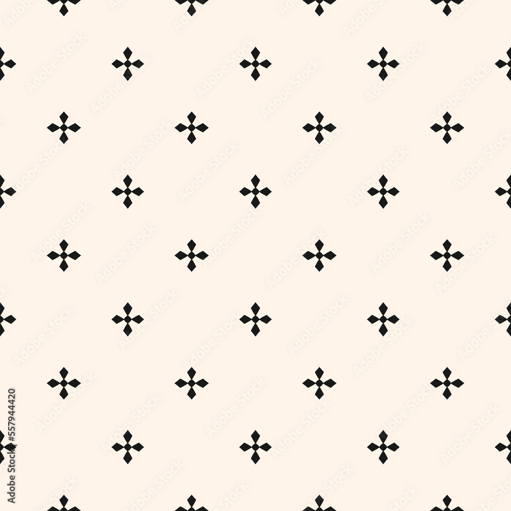 Simple minimalist floral seamless pattern in Gothic style. Black and white vector texture with small flower silhouettes, crosses. Elegant minimal monochrome ornament. Abstract geo floral background