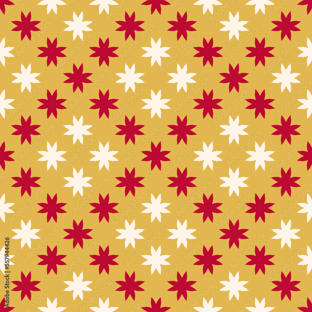 Abstract floral seamless pattern. Vector ornamental background with simple geometric flowers, red and beige silhouettes on yellow backdrop. Elegant texture. Repeat design for fabric, furniture, linen Abstract floral seamless pattern. Vector ornamental background with simple geometric flowers, red and beige silhouettes on yellow backdrop. Elegant texture. Repeat design for fabric, furniture, linen