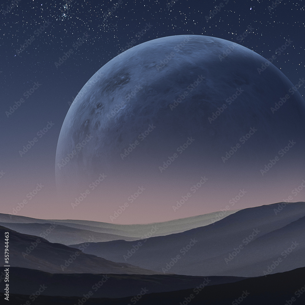 Desolate Planet without Life with Large Planet in Stary Sky at Night