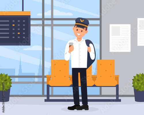 Pilot of aircraft drinking coffee while waiting for flight. Man in uniform standing in waiting hall of airport doing thumb up gesture cartoon vector