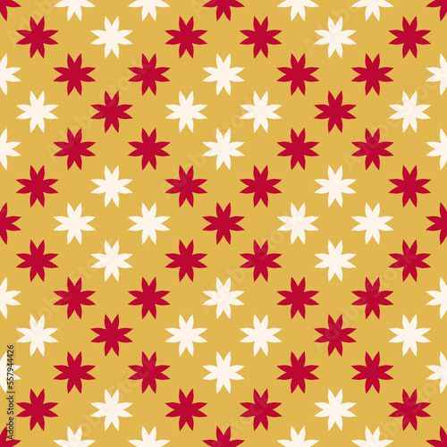 Abstract floral seamless pattern. Vector ornamental background with simple geometric flowers, red and beige silhouettes on yellow backdrop. Elegant texture. Repeat design for fabric, furniture, linen