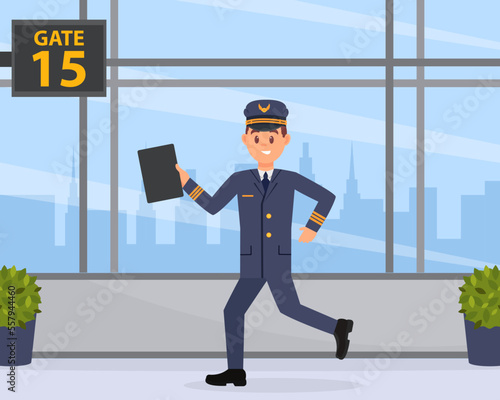 Pilot running in hurry for flight. Cheerful man in uniform running in waiting hall of airport cartoon vector