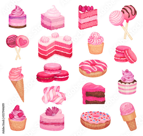Set of delicious pink sweets and desserts. Pastry desserts, candy, ice cream, cake, donut with strawberry and cherry flavours cartoon vector