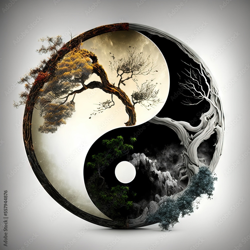 a painting of a tree and a tree in a yin - yang style of painting on a ...