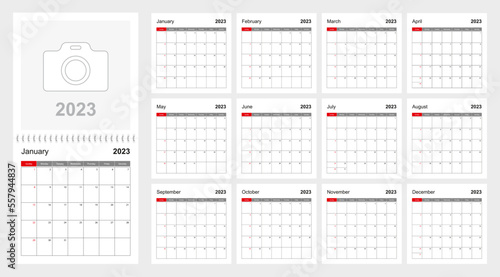Wall calendar template for 2023 year. Holiday and event planner, week starts on Sunday.