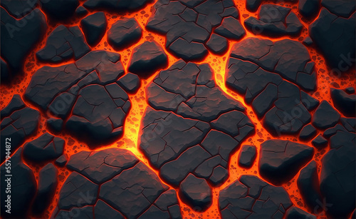 Cracked ground with hot glowing lava veins illustration perfect for video game design. Cracked lava ground texture. Game asset. Generative AI photo