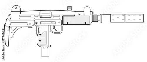 Vector illustration of the UZI israel machine gun with folded stock and silencer on the white background. Right side.