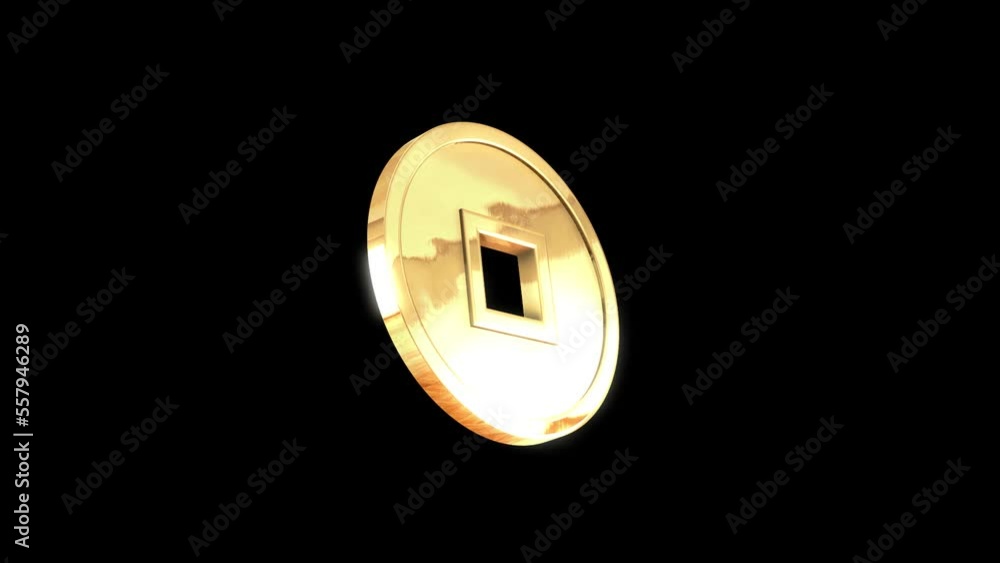 Realistic gold rotating 3D Chinese lucky coin, looping animation. Chinese New Year design, wealth and good luck symbol. Chinese peace coin. Isolated on black background with alpha matte. Realistic gold rotating 3D Chinese lucky coin, looping animation. Chinese New Year design, wealth and good luck symbol. Chinese peace coin. Isolated on black background with alpha matte.