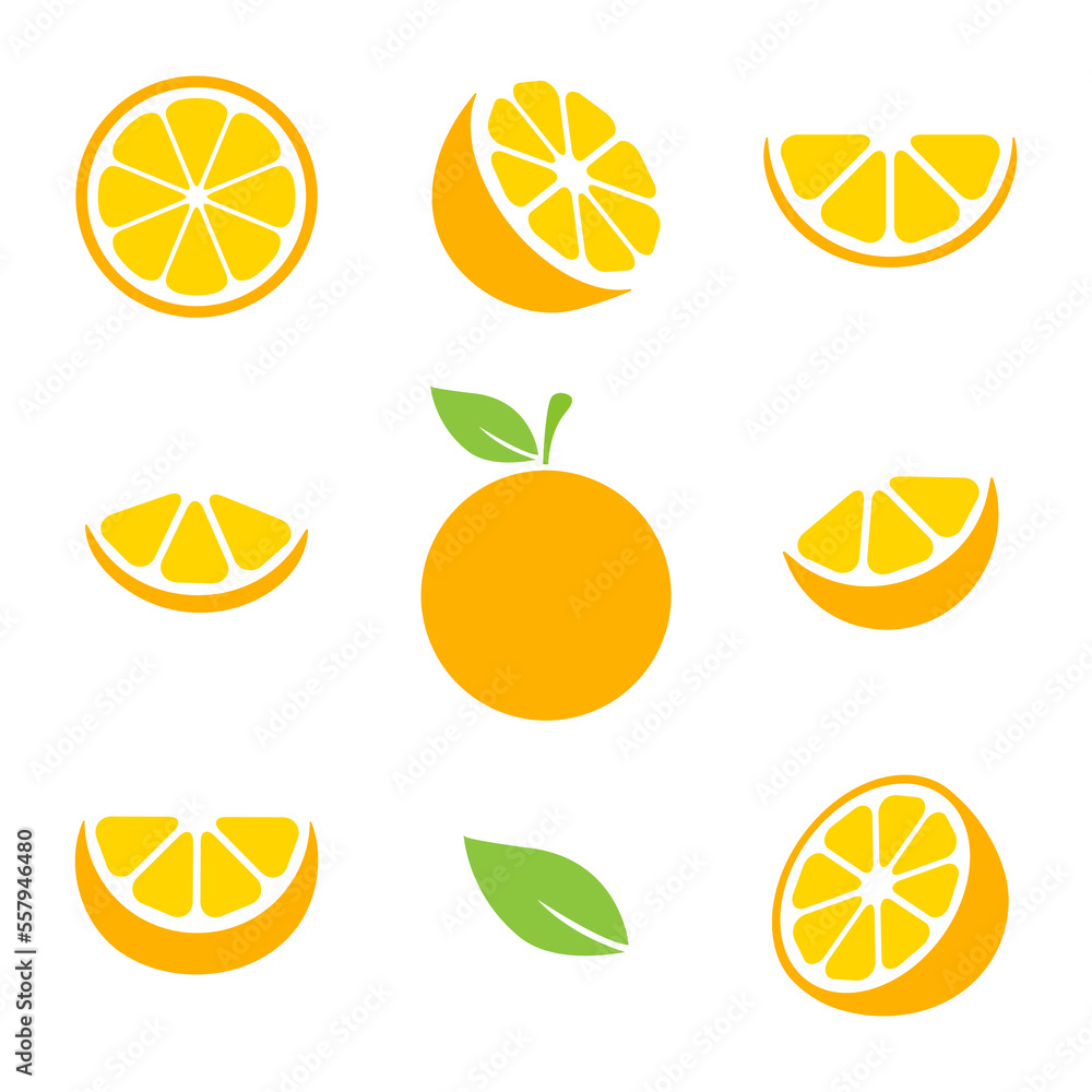 Orange fruits slices set. Tangerine collection. Vector illustration isolated on white.