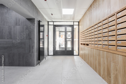 mailboxes in the lobby of an apartment building