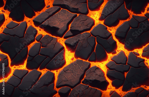 Cracked ground with hot glowing lava veins illustration perfect for video game design. Cracked lava ground texture. Game asset. Generative AI
