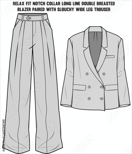 RELAX FIT NOTCH COLLAR LONG LINE DOUBLE BREASTED BLAZER PAIRED WITH HIGH WAIST WIDE LEG TROUSER EDITABLE FILE