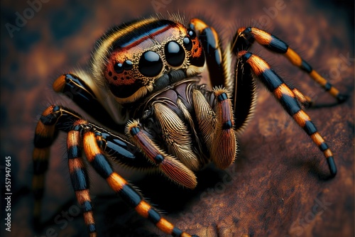 Photographie a close up of a colorful spider on a wooden surface with a blurry back ground and a blurry back ground to the front of the spider's head