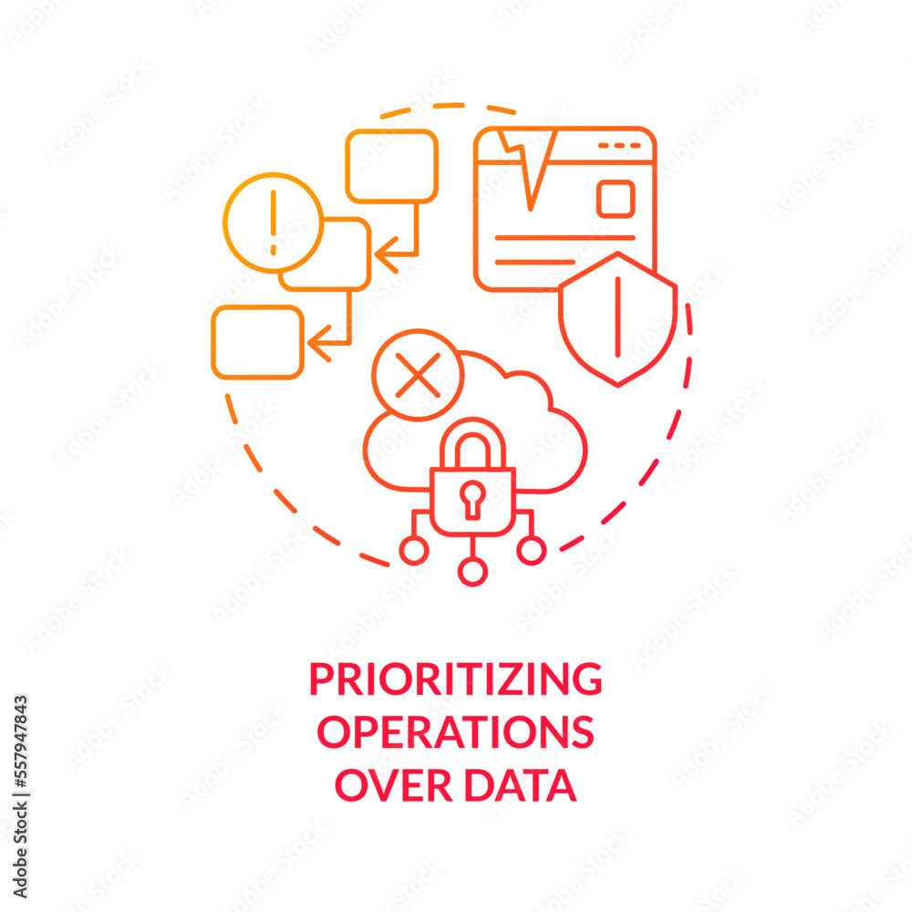 Prioritizing operations over data red gradient concept icon. Procedural programming disadvantage abstract idea thin line illustration. Isolated outline drawing. Myriad Pro-Bold font used Prioritizing operations over data red gradient concept icon. Procedural programming disadvantage abstract idea thin line illustration. Isolated outline drawing. Myriad Pro-Bold font used