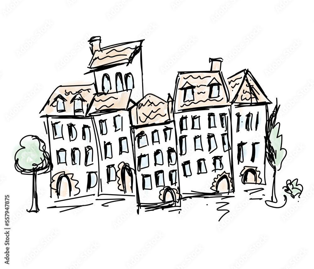 houses with tiled roofs. Illustration in hand drawn outline style. Watercolor. Naive style. Postcard architecture and book illustration. Doodle.
