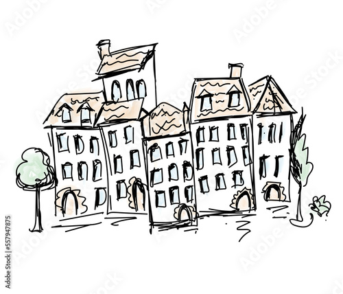 houses with tiled roofs. Illustration in hand drawn outline style. Watercolor. Naive style. Postcard architecture and book illustration. Doodle.
