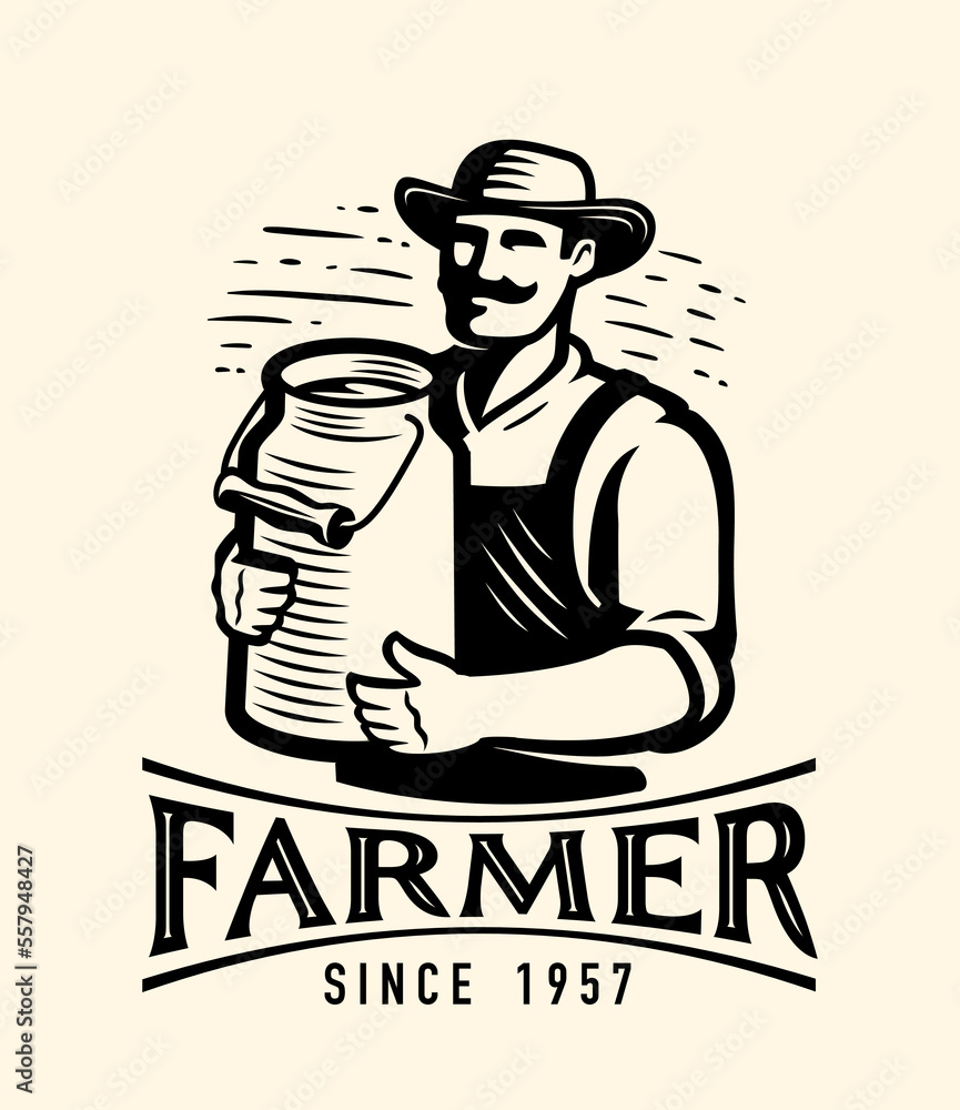 Farmer with milk can, emblem or logo. Dairy farm badge. Healthy organic natural food. Vintage vector illustration