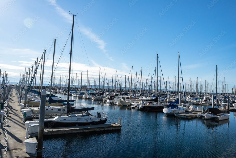 Seattle, Washington local harbor with lots of boats at docks and moorings 