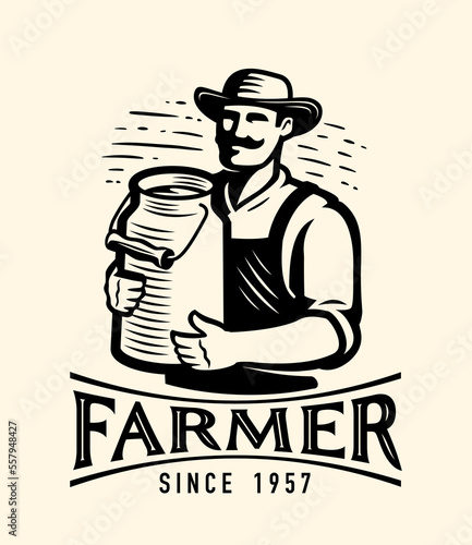 Farmer with milk can, emblem or logo. Dairy farm badge. Healthy organic natural food. Vintage vector illustration
