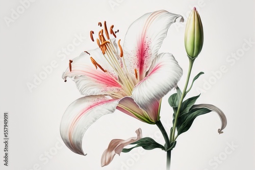  a white and pink flower with green leaves on a white background with a light reflection in the center of the flower and the stem of the flower is almost asymymplant to the center. Generative AI