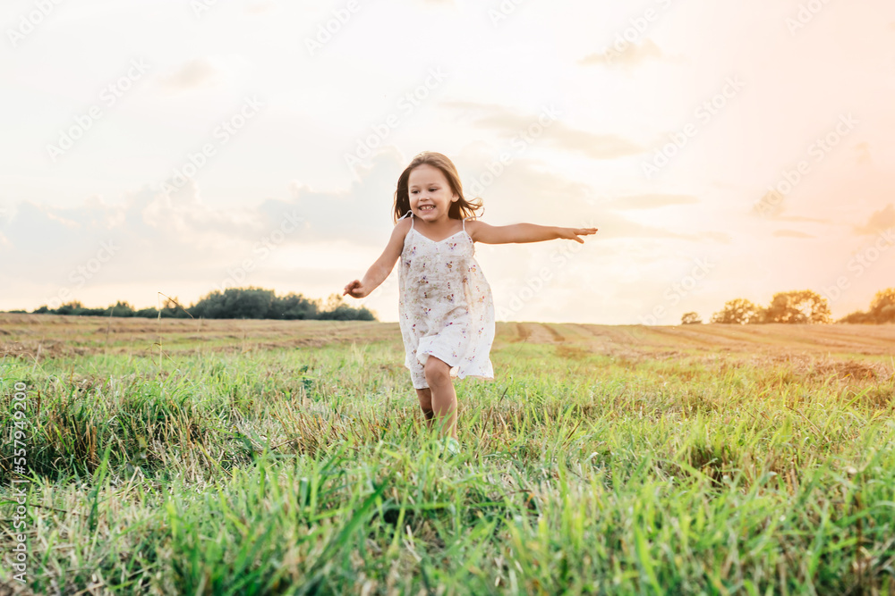 Happy little girl joyfully running across field. Carefree child on grassy meadow. Outdoor walking. Beautiful sunny sky. Happy little girl joyfully running across field. Carefree child on grassy meadow. Outdoor walking. Beautiful sunny sky.