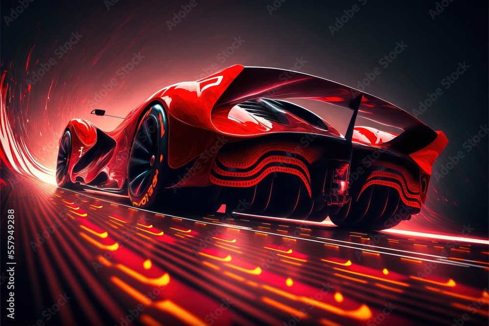 a red sports car driving through a tunnel of red light with a black ...