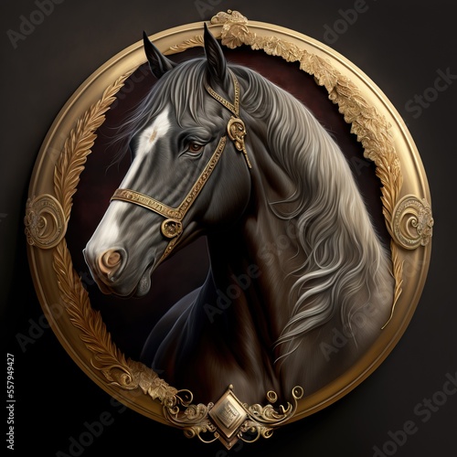 Canvas-taulu a painting of a black horse in a gold frame on a black background with a gold border around the horse's head and the horse's head is wearing a golden crown