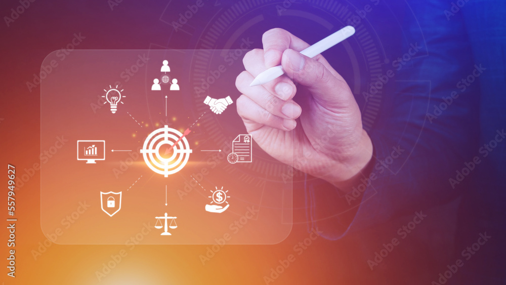 Fototapeta premium Hand pointing the icon virtual screen of Digital target marketing advertising and sales increase business technology concept, online marketing, E-business, Ecommerce, Business online.