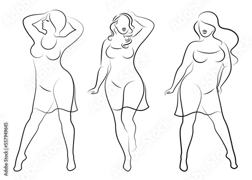 Collection.Beautiful woman silhouette in modern single line continuous style. The girl is overweight. The lady is standing. Vector illustration set.