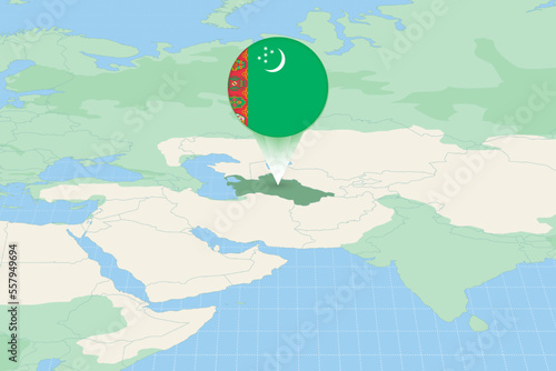 Map illustration of Turkmenistan with the flag. Cartographic illustration of Turkmenistan and neighboring countries.