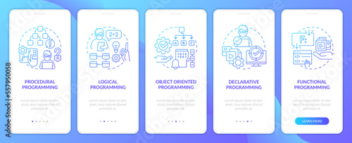 Programming styles types blue gradient onboarding mobile app screen. Coding walkthrough 5 steps graphic instructions with linear concepts. UI, UX, GUI template. Myriad Pro-Bold, Regular fonts used